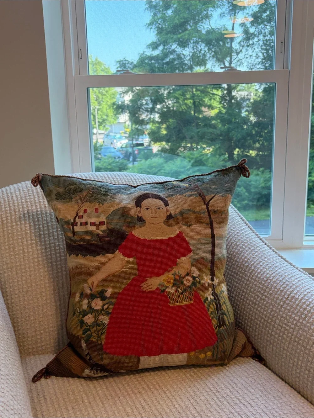 Kathy Diddel 20” square pillow. Needle point and petit  point.